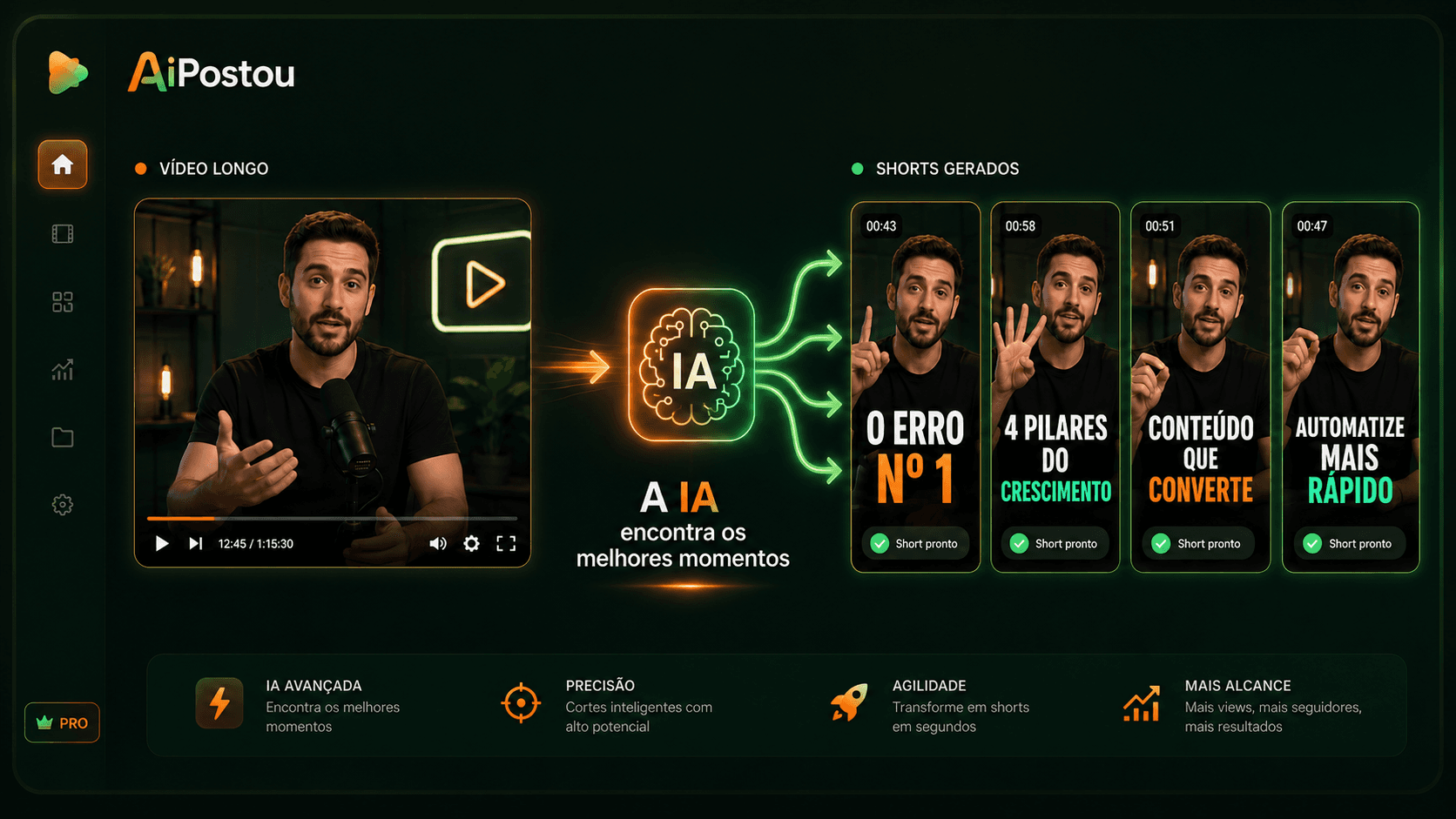 Tela chamativa para destacar a IA encontrando os melhores momentos do vídeo.